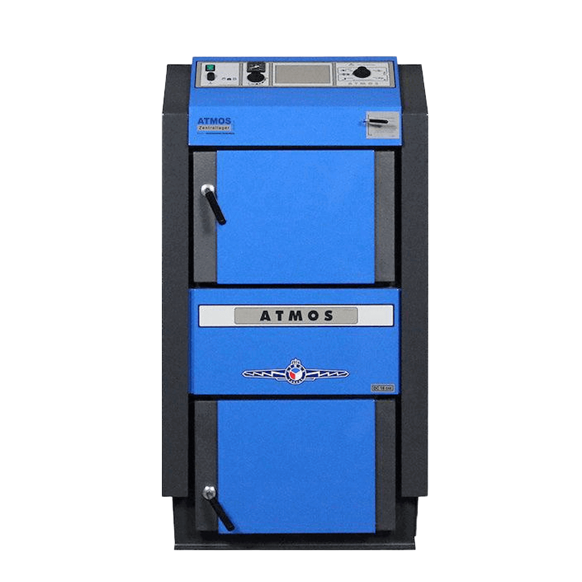 Atmos Holzvergaser GSE 30 kW blauer und grauer Atmos Holzvergaser mit Touch-Regelung