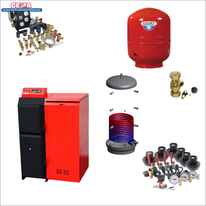 Heizungskomponenten des Thermoflux Pelling 25/230 mit Pufferspeicher und Wassertank