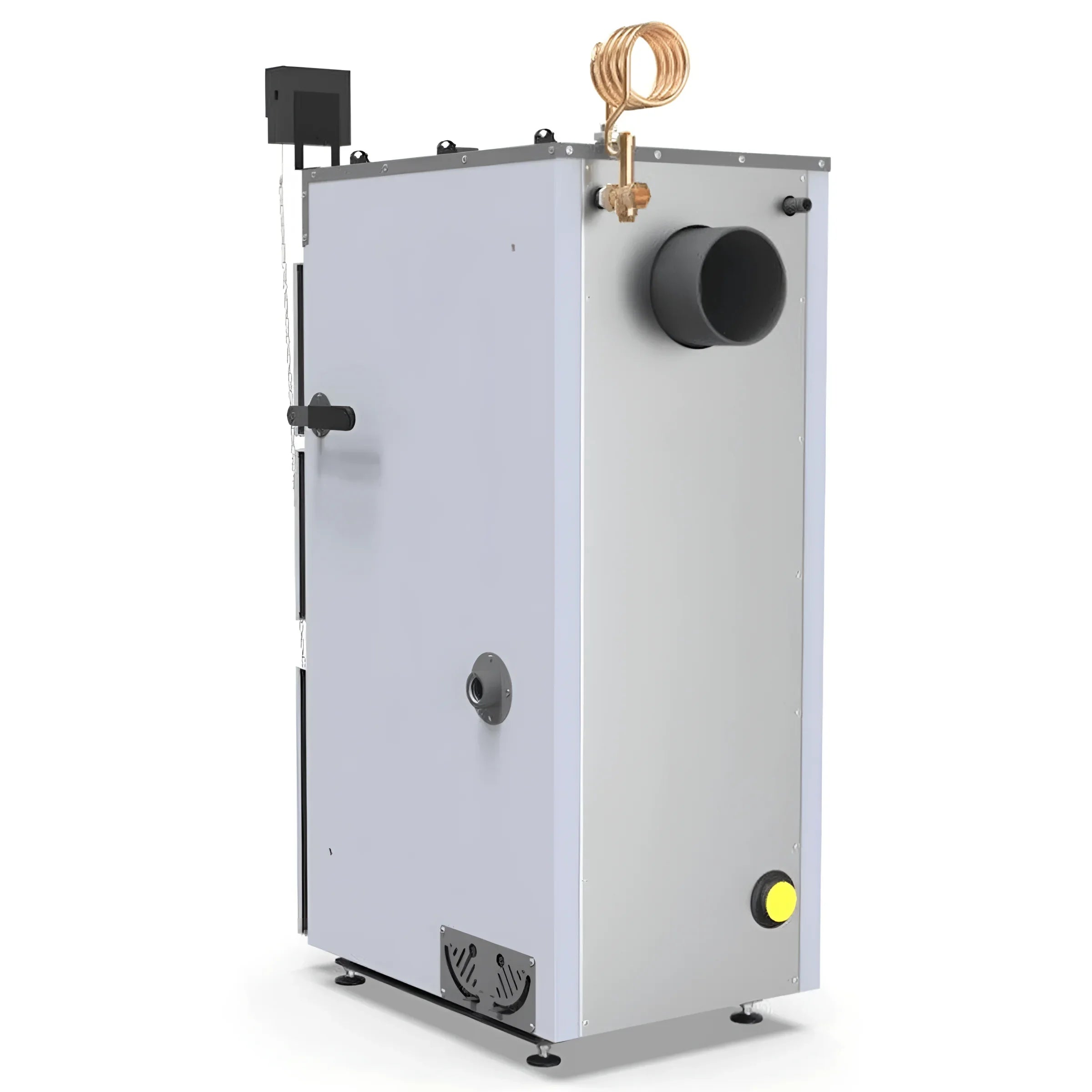 Rechteckiger weißer und silberner Boiler für den Defro Firewood Plus 24 kW Naturzugkessel