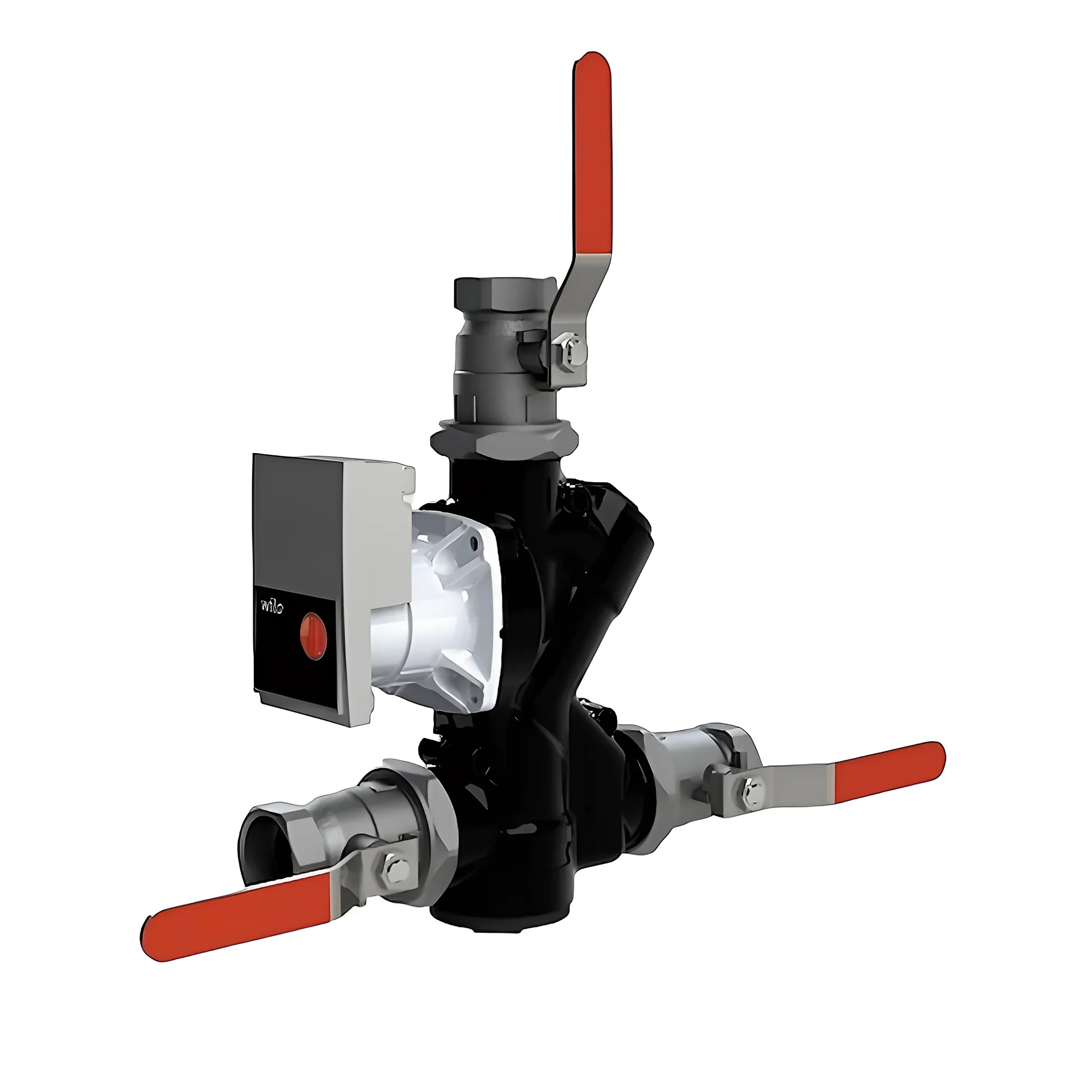 Kompakte schwarze und silberne Heizungsumwälzpumpe mit drei roten Kugelhähnen