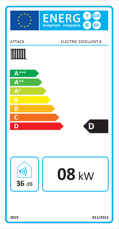 Energieeffizienzlabel für den Elektrokessel Attack Electric Exellent 8 kW, umweltfreundliche Heizlösung