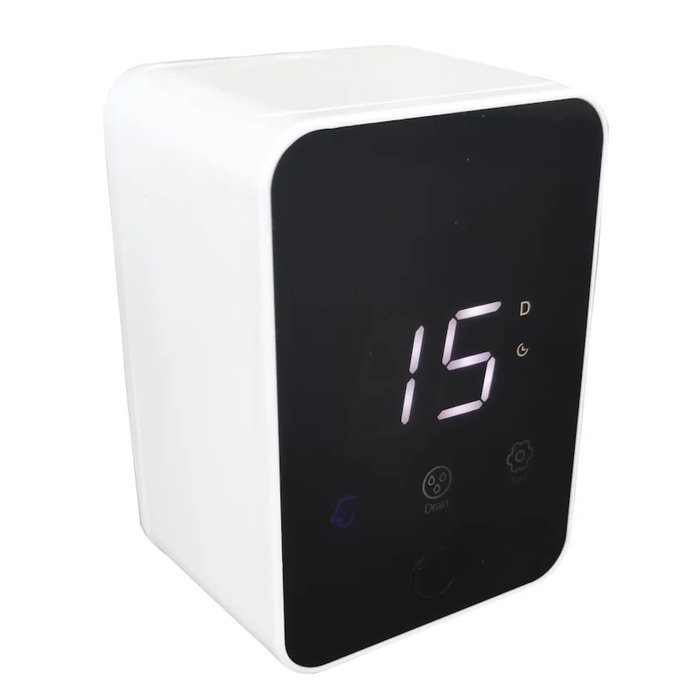Digital thermostat displaying 15° temperature on a sleek white device with control buttons.