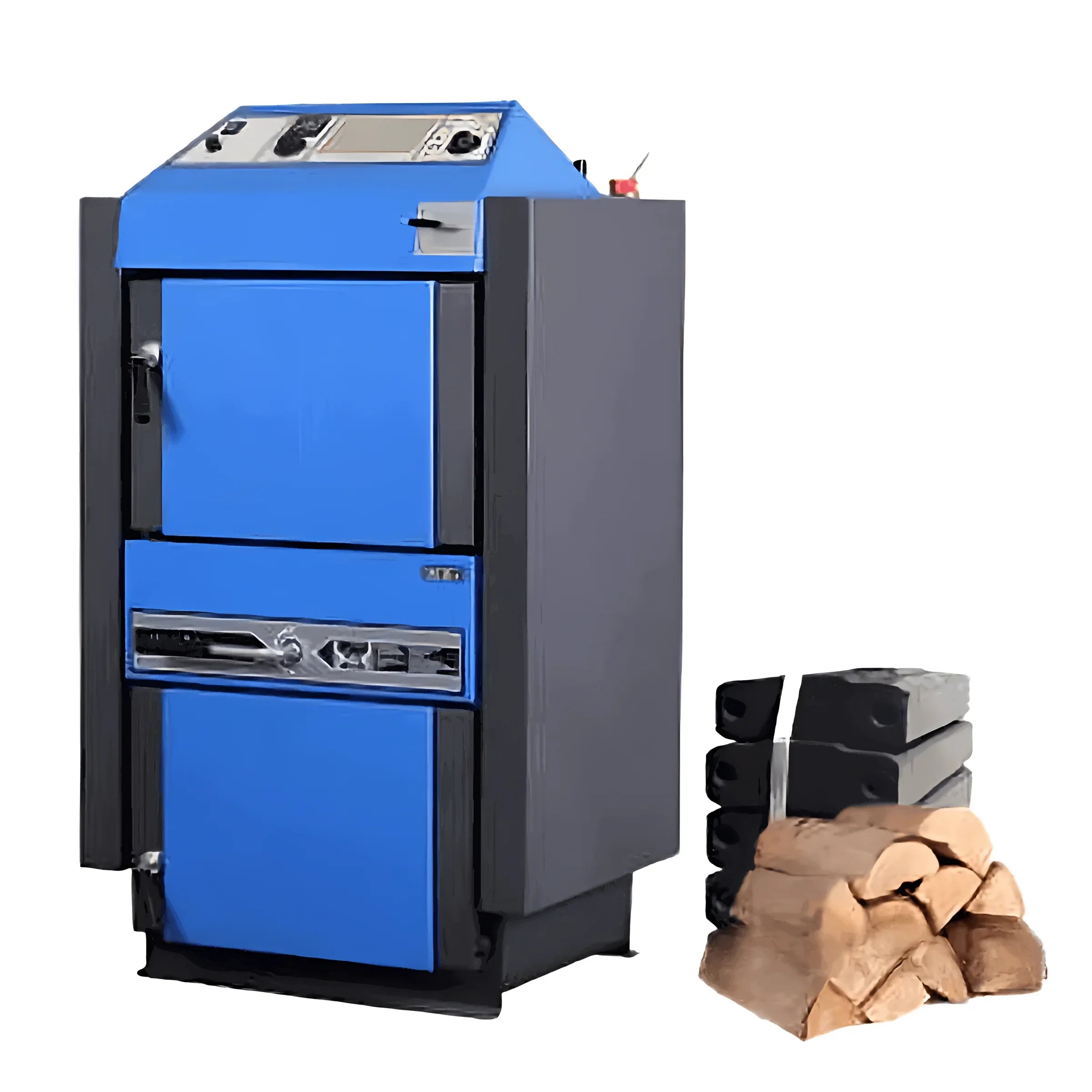 Blaue und graue Holz- und Kohle-Ofen mit Brennstoff für Atmos KC35S Kohlevergaserkessel