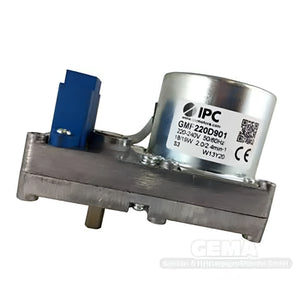 Silberner Elektromotor mit blauer Steckverbindung und Informationsetikett für Schneckenmotor