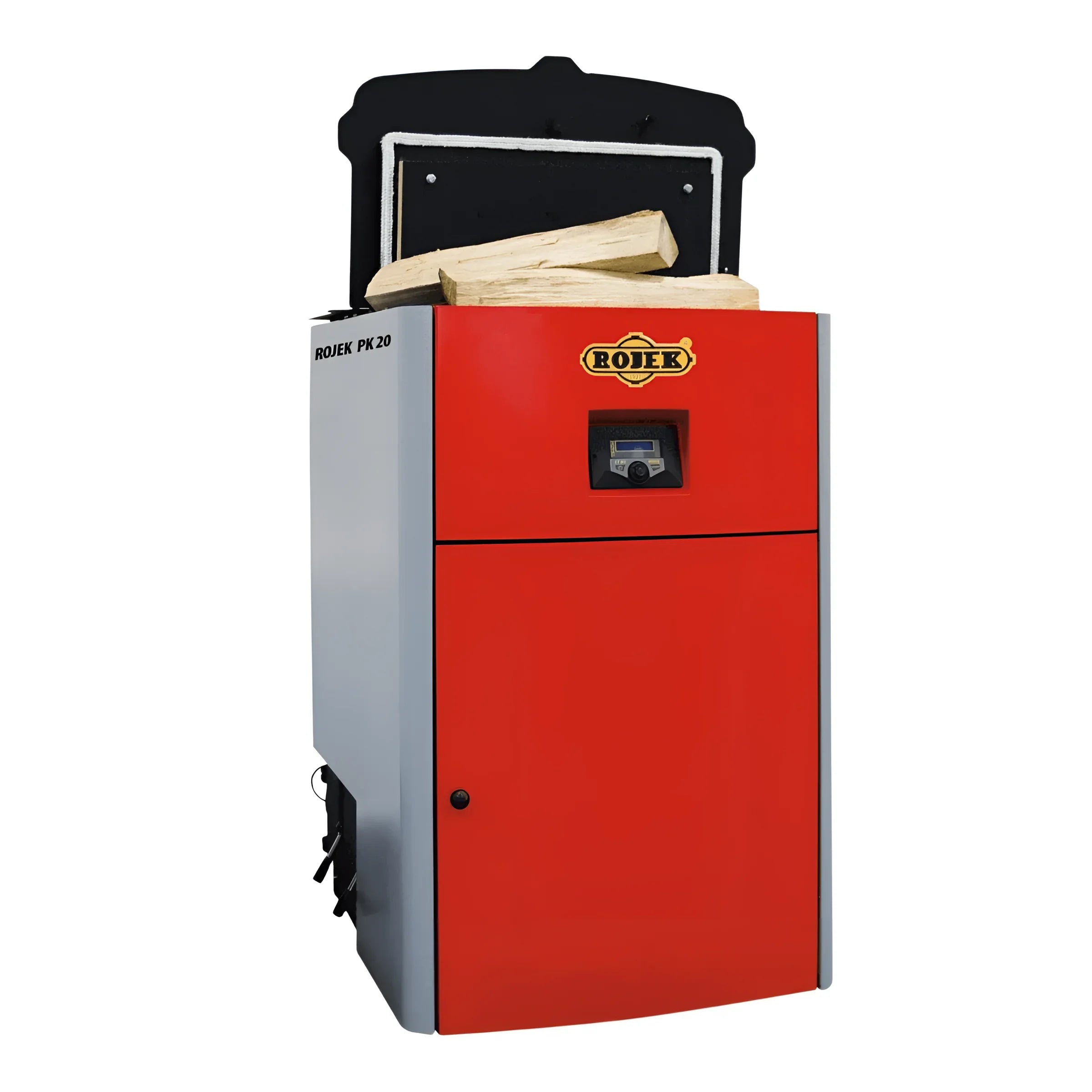 Roter und grauer Holzvergaser für Brennholz im Produkt Holzvergaser ROJEK PK BIO 25 kW