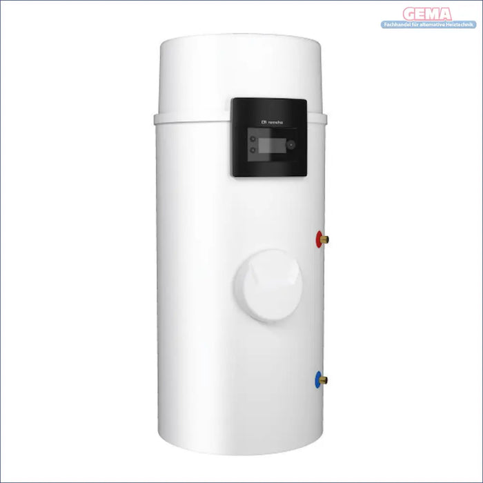 Weiße zylindrische Warmwasserbereiter mit Digitalanzeige für Effizienzlabel und technische Zeichnung