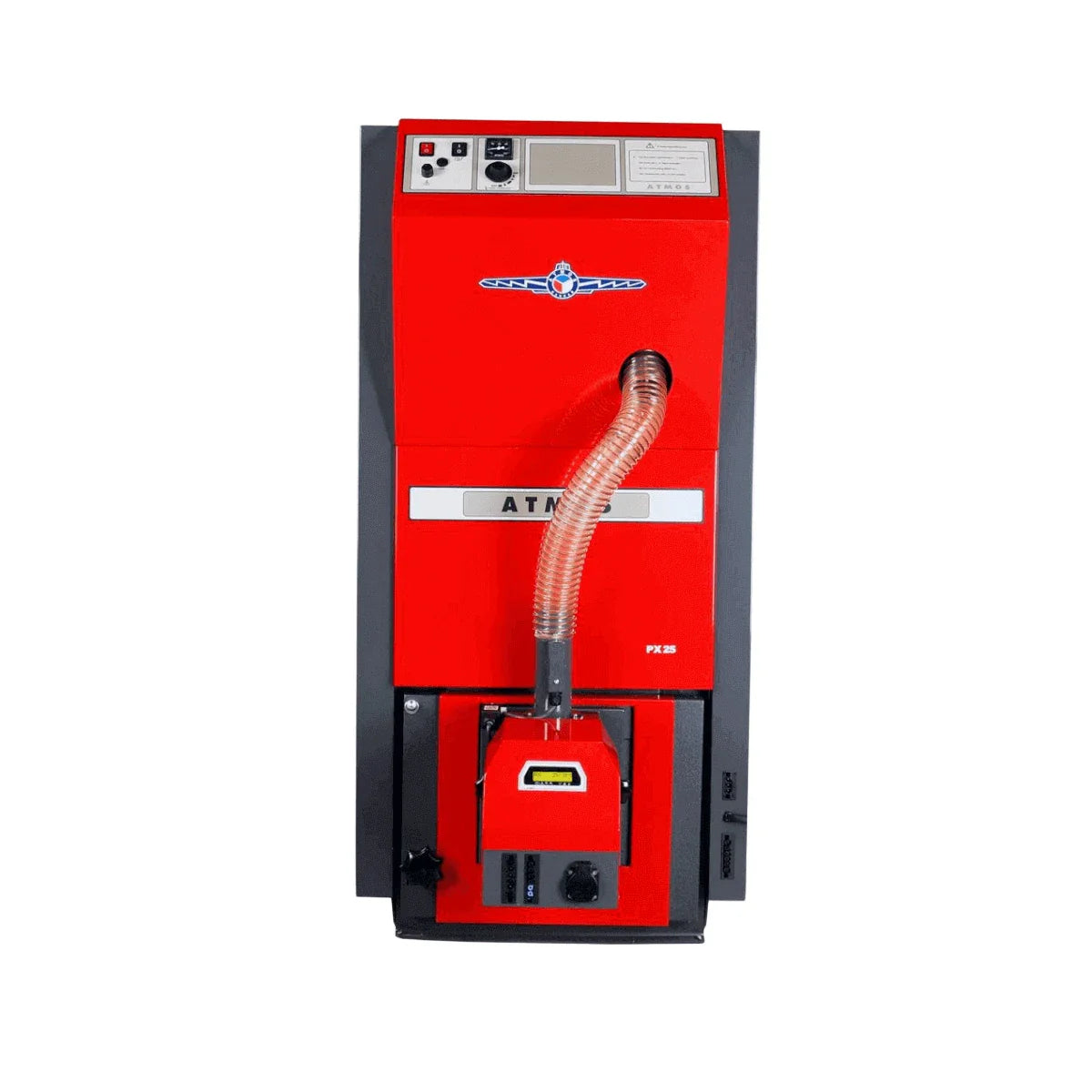 Pelletkessel bis 30 kW mit vergleichendem Element in Rot und Grau, inklusive Boiler-Zubehör