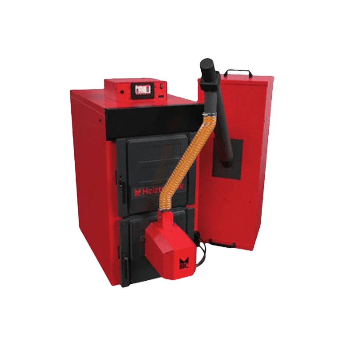 Roter und schwarzer Festbrennstoffkessel aus der Sammlung Pelletkessel bis 40 kW, vergleichende Elemente für Boilers und Boiler-Zubehör