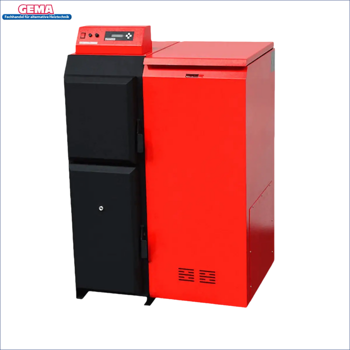 Rotes und schwarzes Heizgerät Thermoflux Pelling 25/230 mit Pufferspeicher