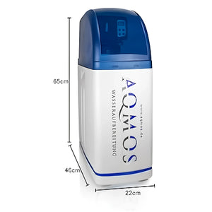 Weiße und blaue Wasserenthärtungsanlage Aqmos R2D2-48 mit Dimensionen, für weiches Wasser