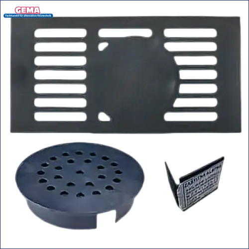 Schwarz metalener Abwasserablaufdeckel auf Thermoflux Pelling 50/185 mit Pufferspeicher