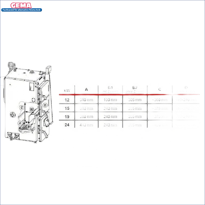 Technisches Diagramm mit Maßtabell für Defro Firewood 15 kW plus Pufferspeicher ohne WT