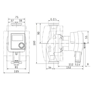 Technische Zeichnung einer Wilo Stratos Pico Umwälzpumpe mit Dimensionen, x4d