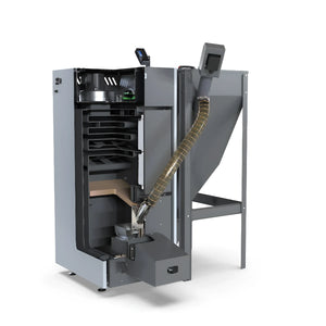 Bild eines grauen Pelletkessel NEXTPELL+ 20 kW mit Hopper, langlebig und hohe technische daten