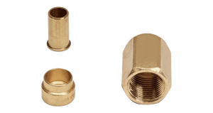 Set of brass fittings including a nut and two connectors, designed for durable plumbing applications.