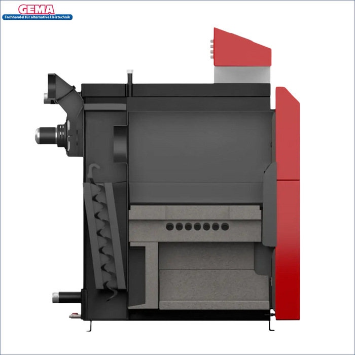 Ansicht eines Schnittmodells des Holzvergasers Attack DPX 15 kW in Rot und Schwarz