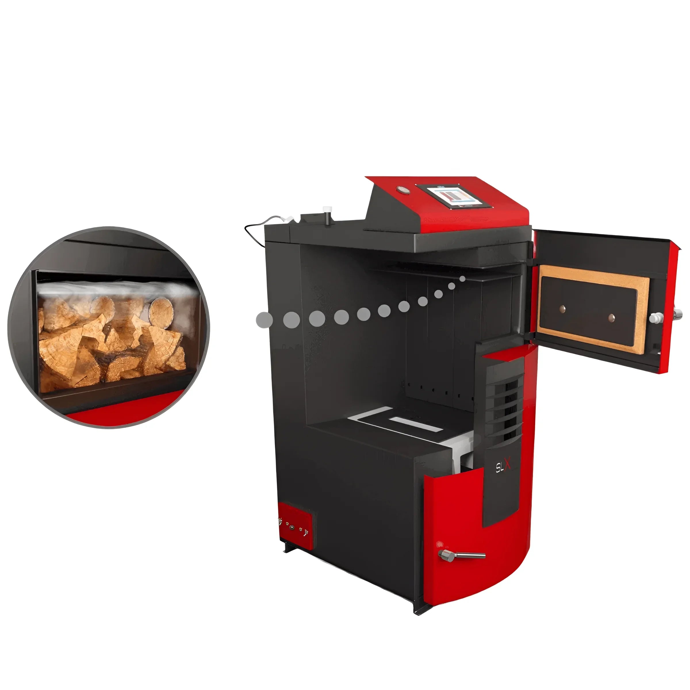 Rot und schwarz Holzvergaserkessel Attack SLX Lambda 45 kW mit moderner Steuerung