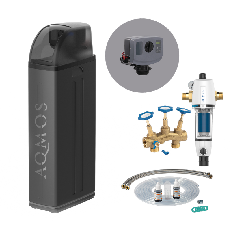 Инсталация за омекотяване на вода AQMOS R2D2-72 Black Edition комплект с обратнопромивен филтър, свързващ комплект и монтажен блок
