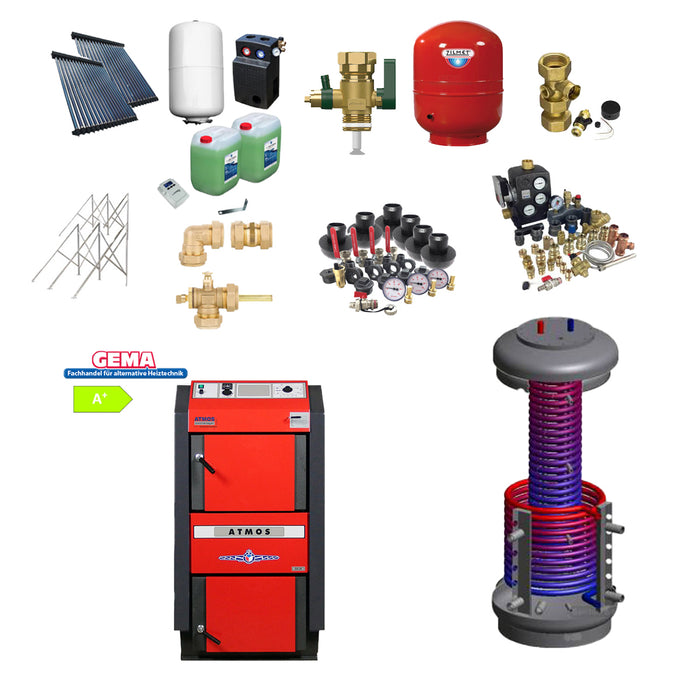 Holzvergaser Atmos GS + Speicher + Röhrenkollektor für Flachdach 10,38 m²