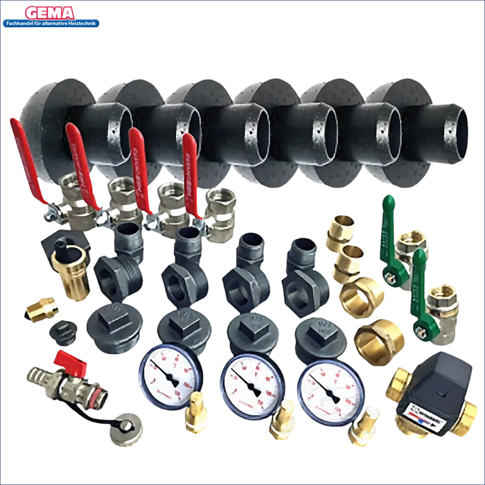 Plumbing manifold mit verschiedenen Fittings für Defro Firewood 15 kW plus Pufferspeicher