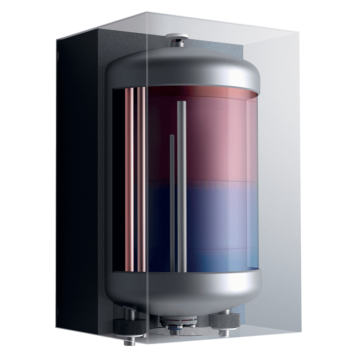 Ansicht eines Cutaway-Modells der Vaillant Ecotec Plus Gastherme mit Speicher und Heizungsregler Sensocomfort VRC
