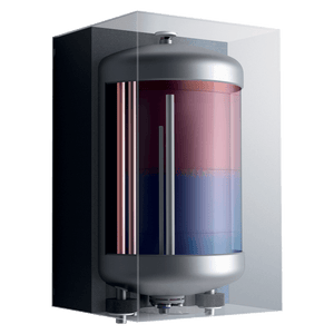 Ansicht eines Cutaway-Modells der Vaillant Ecotec Plus Gastherme mit Speicher und Heizungsregler Sensocomfort VRC
