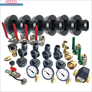 Plumbing manifold and fittings for anschlusspaket kombispeicher mit brauchwassermischer hydromix und messing durchgangsventil
