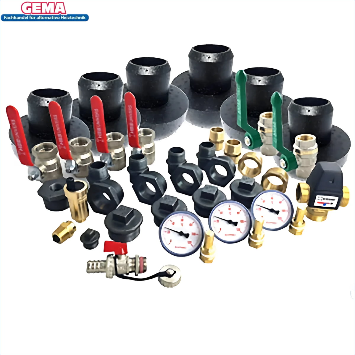 Assorted plumbing fittings for Anschlusspaket Kombispeicher including Brauchwassermischer Hydromix