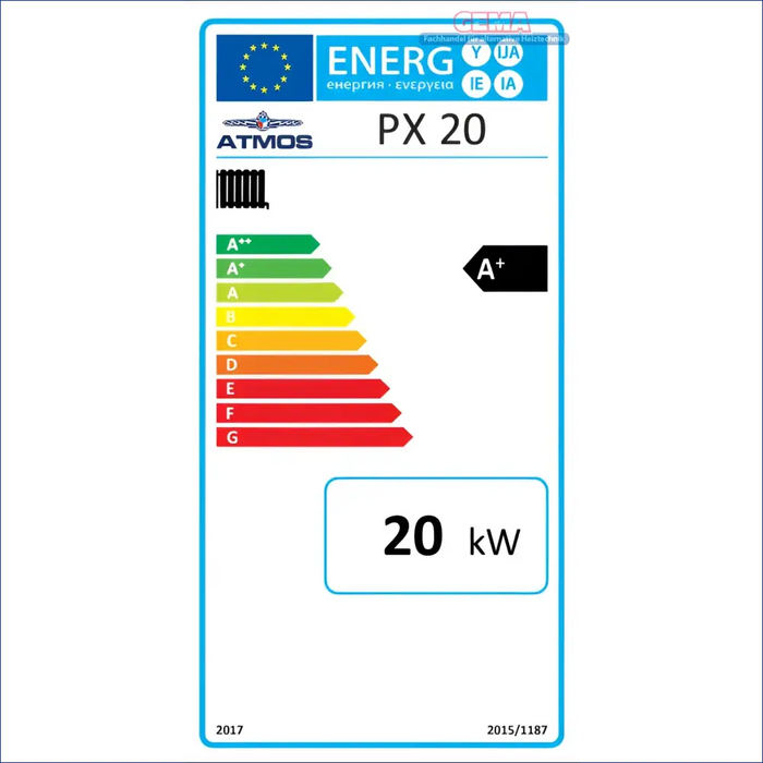 Energieeffizienz-Label für Heizgerät Atmos Pelletkessel Serie PX ab 10 kW und 15 kW
