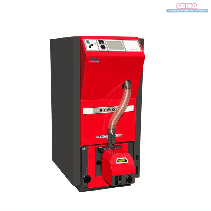 Roter und grauer Pelletkessel der Atmos Pelletkessel Serie PX ab 10 kW und 15 kW