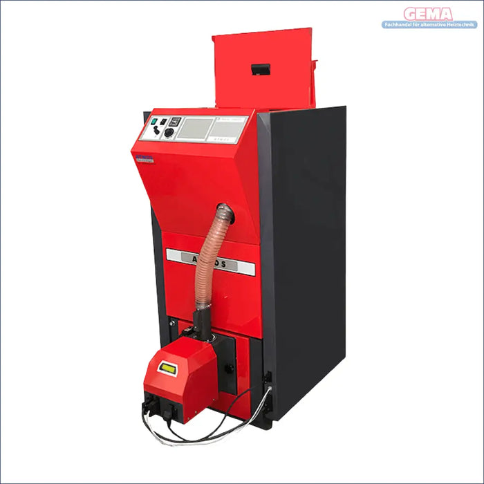 Roter und schwarzer Pelletkessel Atmos Serie PX mit Förderfähigkeit ab 10 kW und 15 kW