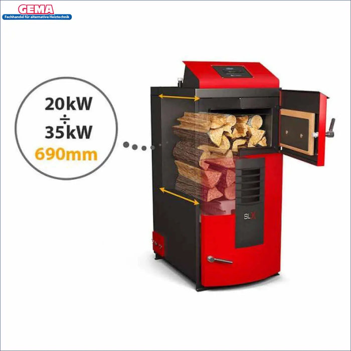 Attack SLX Kombikessel mit Holzlager und Specs: 20kW 🔥, 35kW 🌟, 690mm 📏 - effizient für Ihre Heizbedürfnisse.