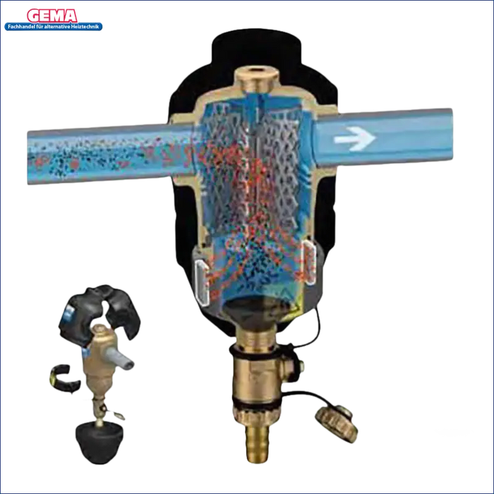 Wasserfilter mit Schnittansicht für Caleffi DIRTMAG Schlammabscheider, effizienter Schutz