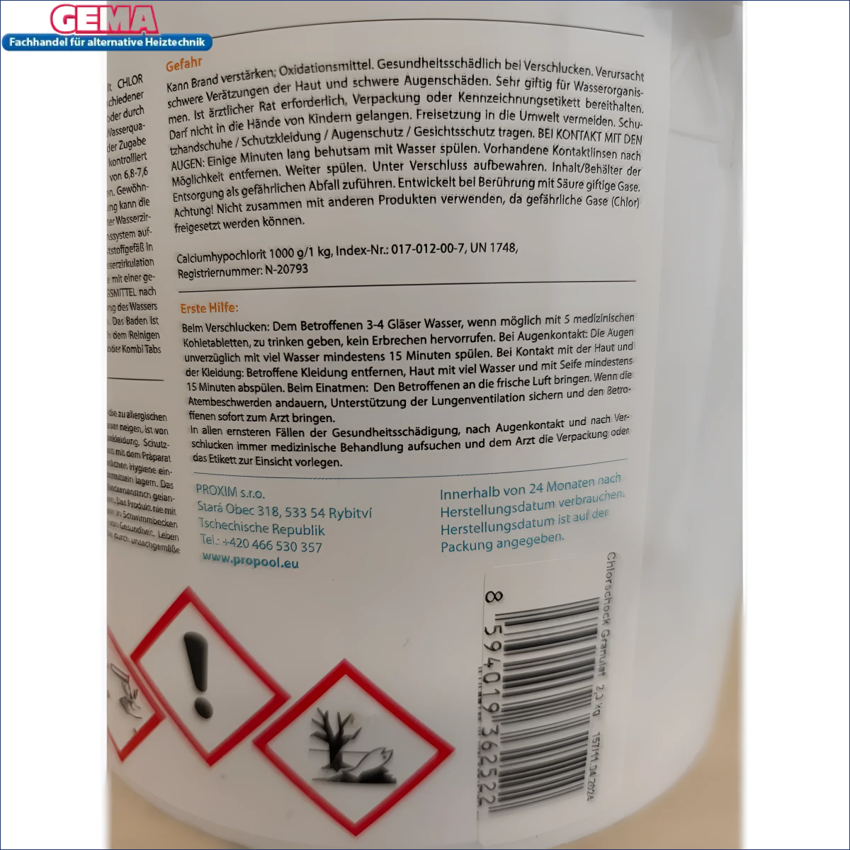 Chemisches Produktschild für Chlor Schock Granulat schnelllöslich, sichere Badefreigabe