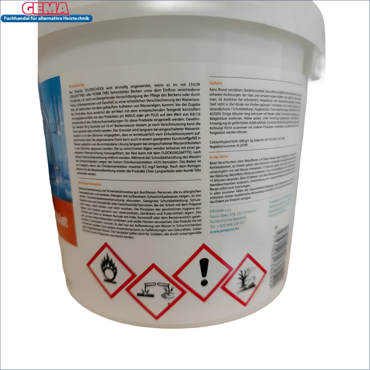 Weißer Eimer mit Produktinformationen für Chlor Schock Granulat schnelllöslich
