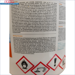 Poolchemie Container mit Gefahrensymbolen für Chlor Schock Granulat schnelllöslich