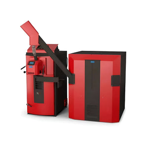 Red und schwarzer Pelletkessel Attack SLX Kombikessel für Holz und Pellets 35 kW