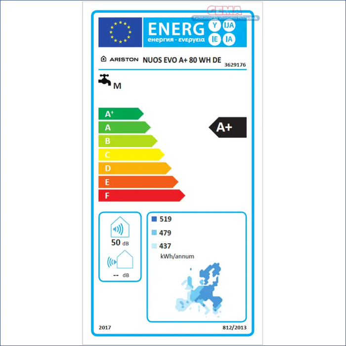 Energieeffizienz-Label für den kompakten Warmwasserbereiter in Silber