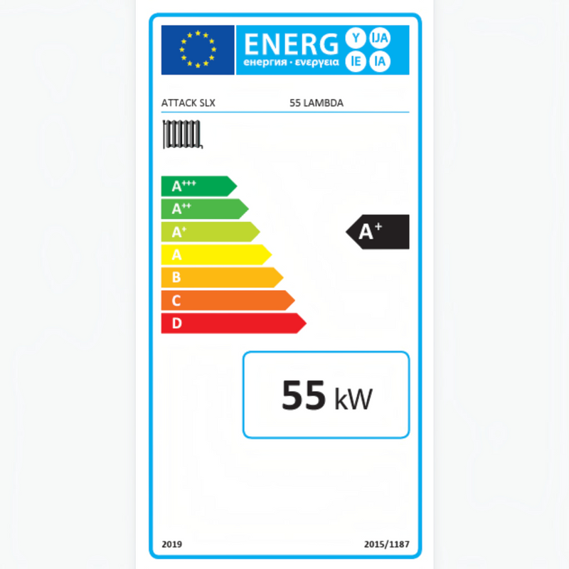 Енергиен етикет A+ на GEMA Shop за котел на дърва ATTACK SLX 55 LAMBDA с мощност 55 kW