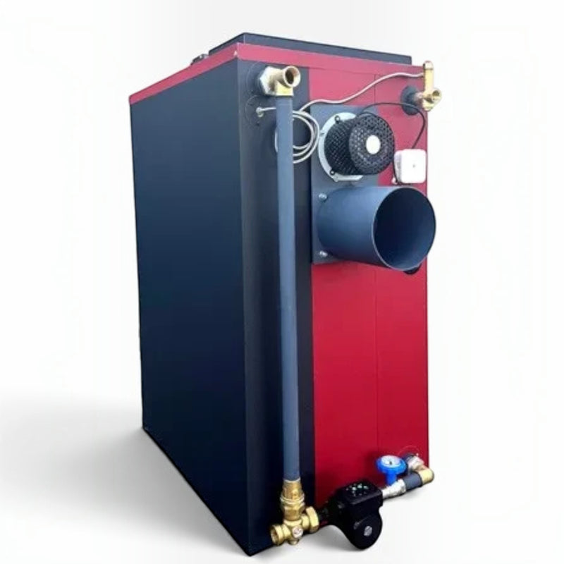 GEMA Shop MPM Caldo S-I 25 kW Holzvergaserkessel in Rot und Schwarz mit Abluftventilator und Anschlüssen