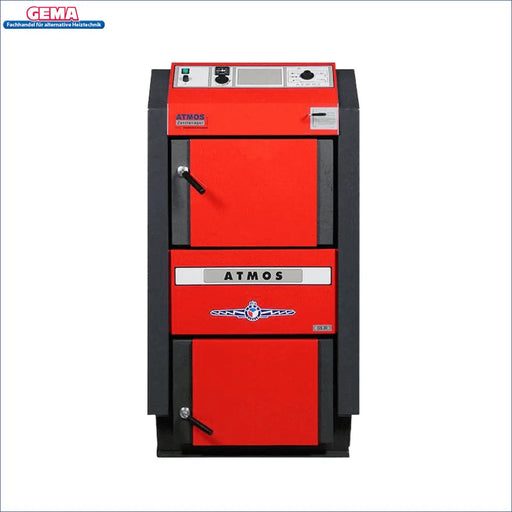 Heizkessel Atmos GS Holzvergaser 15 kW 🔥 - Effiziente Wärme mit 87,1% Wirkungsgrad 🌡️ in auffälligem roten Design.