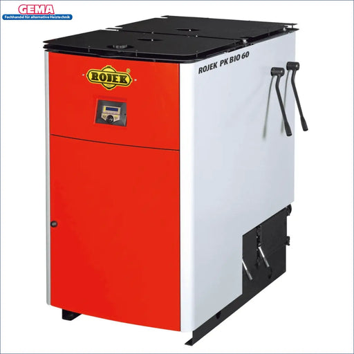 Holzvergaser ROJEK PK BIO 60 kW in Rot und Weiß für effiziente Wärme🛠️ aus Holz🔥 und feste Brennstoffe🌳.