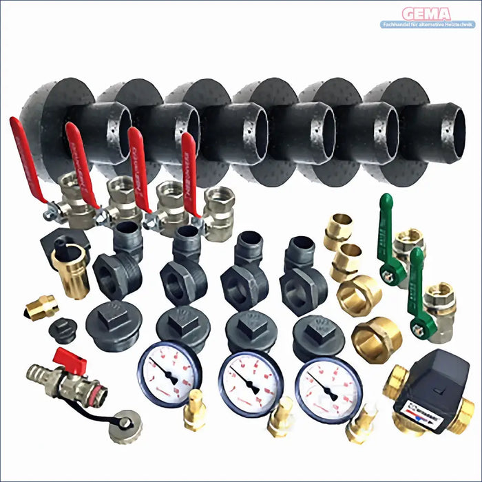 Plumbing manifold with various fittings for Kombispeicher und Boilerzubehör