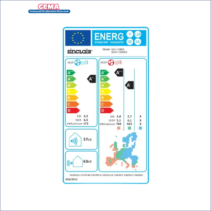 Energieeffizienzlabel für Sinclair Klimaanlage Keyon Serie vor weißem Hintergrund