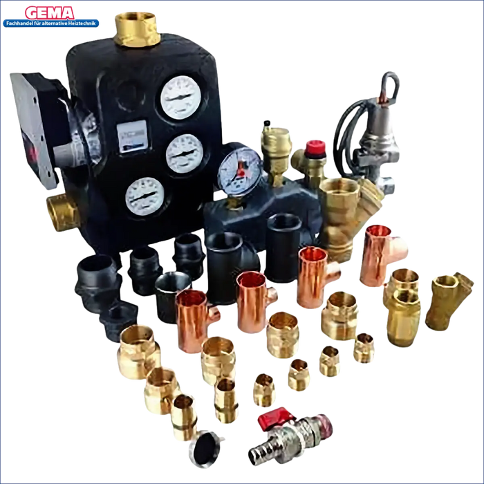 Plumbing and heating components for the Komplettes Solar- und Pellet-Heizungssystem