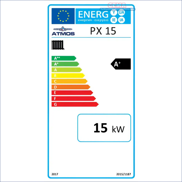 Energieeffizienzlabel für Pelletkessel Serie PX in Rot und Grau mit Förderhinweis