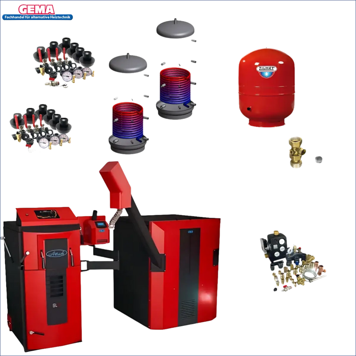 Heizungskomponenten des roten und schwarzen Pelletskesselsystems mit Pufferspeicher