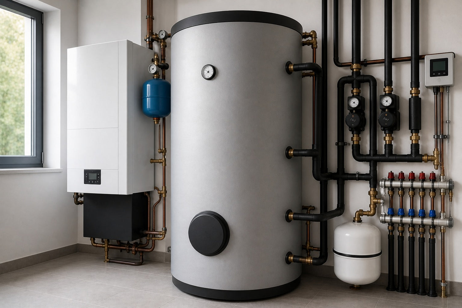 Warmwasserspeicher mit Rohrinstallation und Heiztechnik im modernen Heizraum