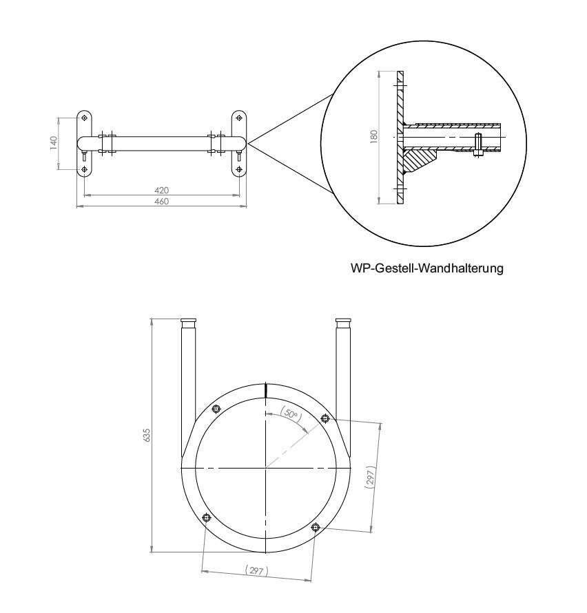 Technische Zeichnung der Sunex Wandhalterung für DROPS Wärmepumpen mit Maßen